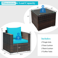 Load image into Gallery viewer, Gymax 3PCS Rattan Patio Outdoor Conversation Furniture Set w/ Turquoise Cushions
