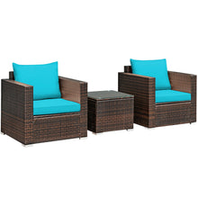 Load image into Gallery viewer, Gymax 3PCS Rattan Patio Outdoor Conversation Furniture Set w/ Turquoise Cushions
