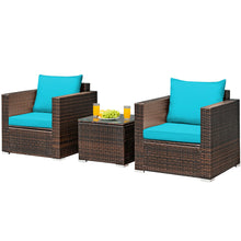 Load image into Gallery viewer, Gymax 3PCS Rattan Patio Outdoor Conversation Furniture Set w/ Turquoise Cushions
