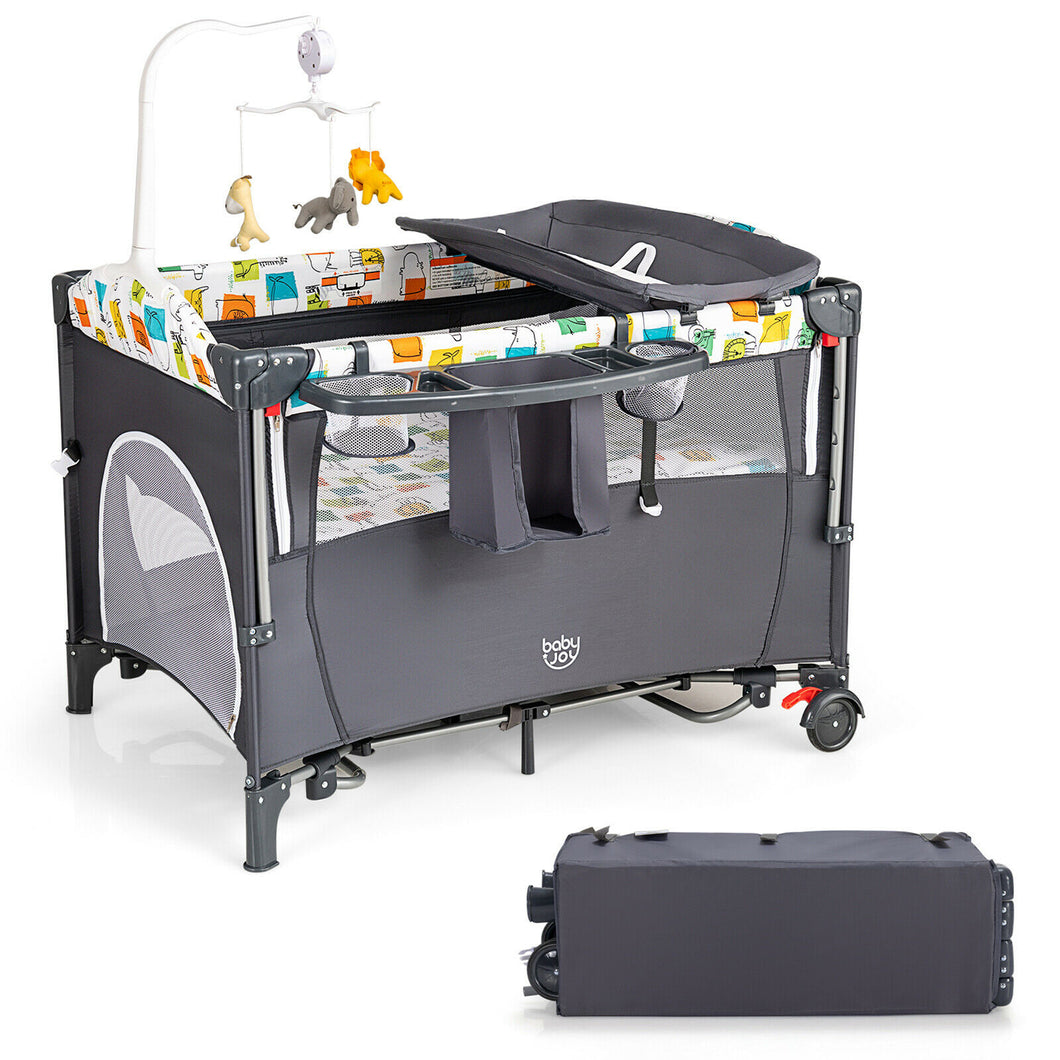 Gymax 5 in 1 Baby Nursery Center Foldable Toddler Bedside Crib w/Music Box