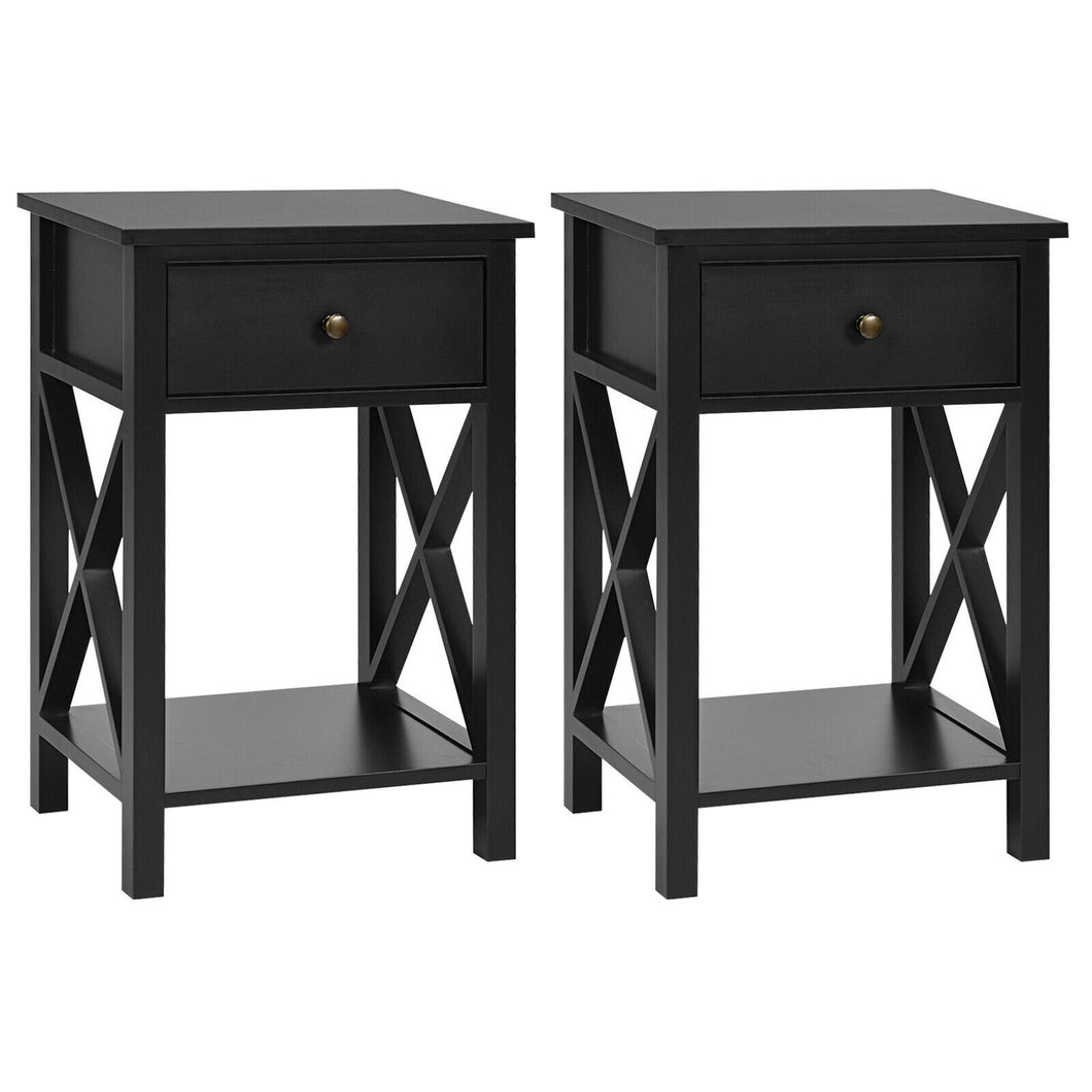Gymax Set of 2 Nightstand Sofa Side End Table X-Design w/ Shelf Drawer Black