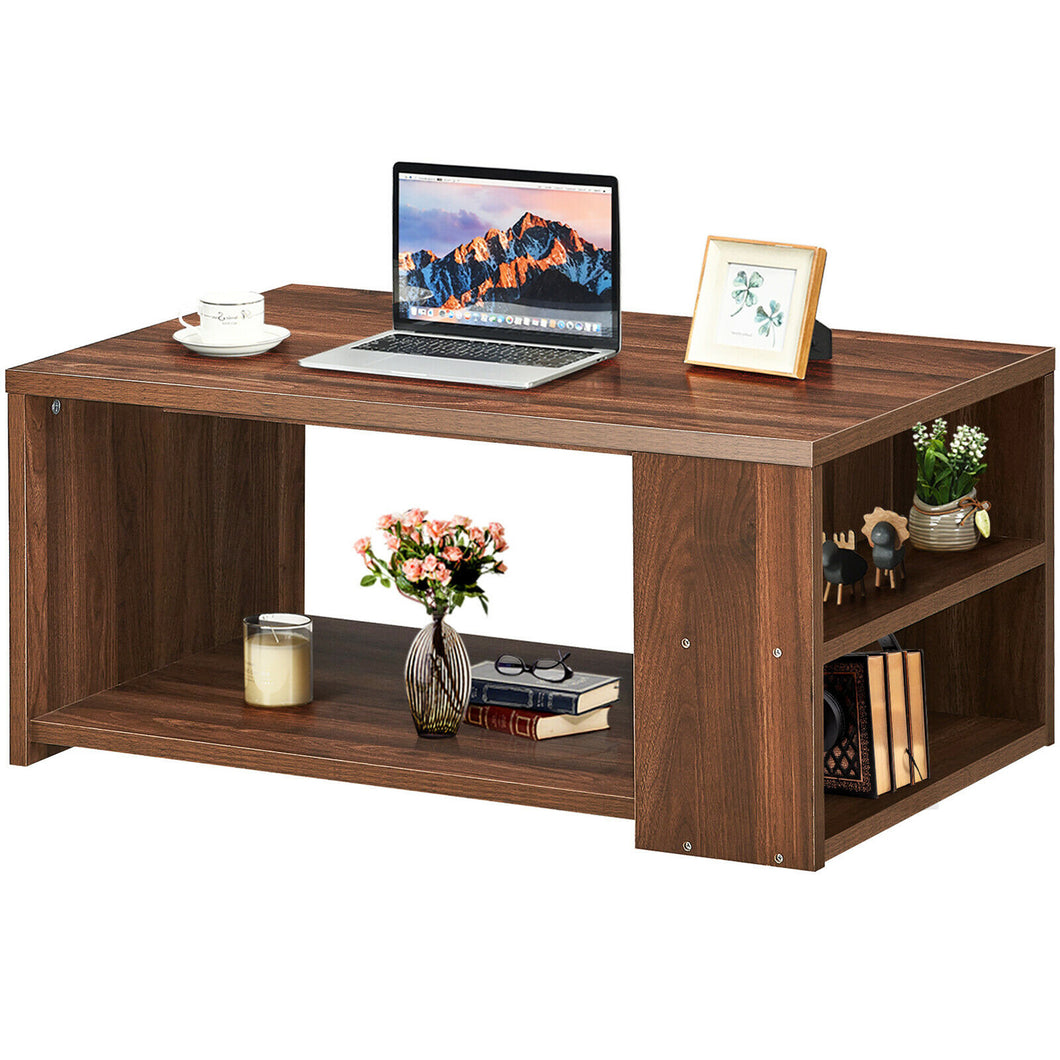 Gymax 2-Tier Coffee Table Sofa Side Table w/ 2 Shelves for Living Room Walnut
