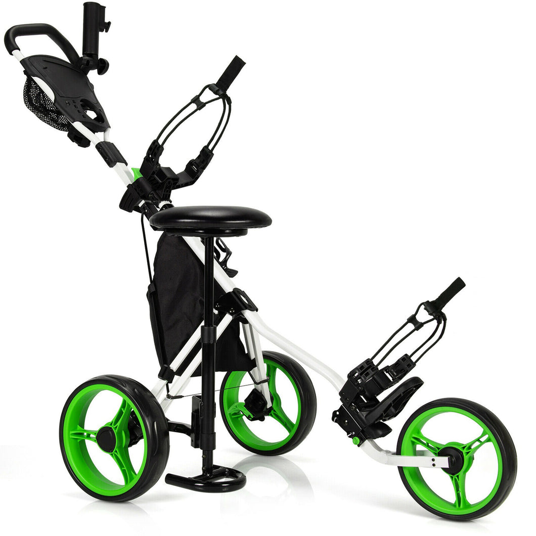 Gymax 3-Wheel Foldable Golf Push Pull Cart Trolley w/ Seat Adjustable Handle Green