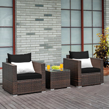 Load image into Gallery viewer, Gymax 3PCS Rattan Patio Outdoor Conversation Furniture Set w/ Black Cushions
