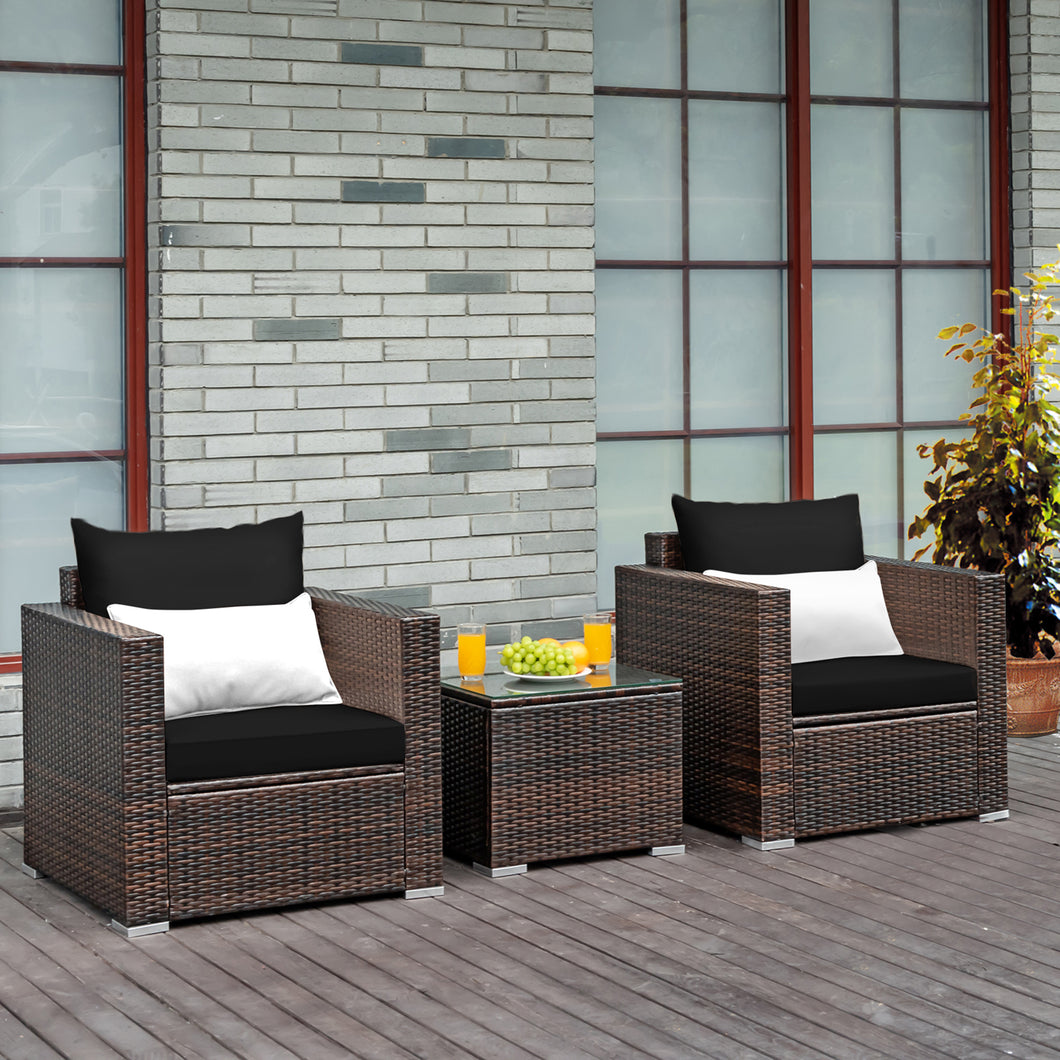 Gymax 3PCS Rattan Patio Outdoor Conversation Furniture Set w/ Black Cushions