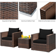 Load image into Gallery viewer, Gymax 3PCS Rattan Patio Outdoor Conversation Furniture Set w/ Black Cushions

