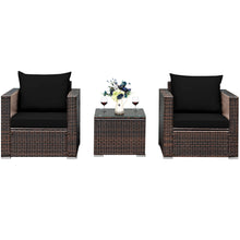 Load image into Gallery viewer, Gymax 3PCS Rattan Patio Outdoor Conversation Furniture Set w/ Black Cushions
