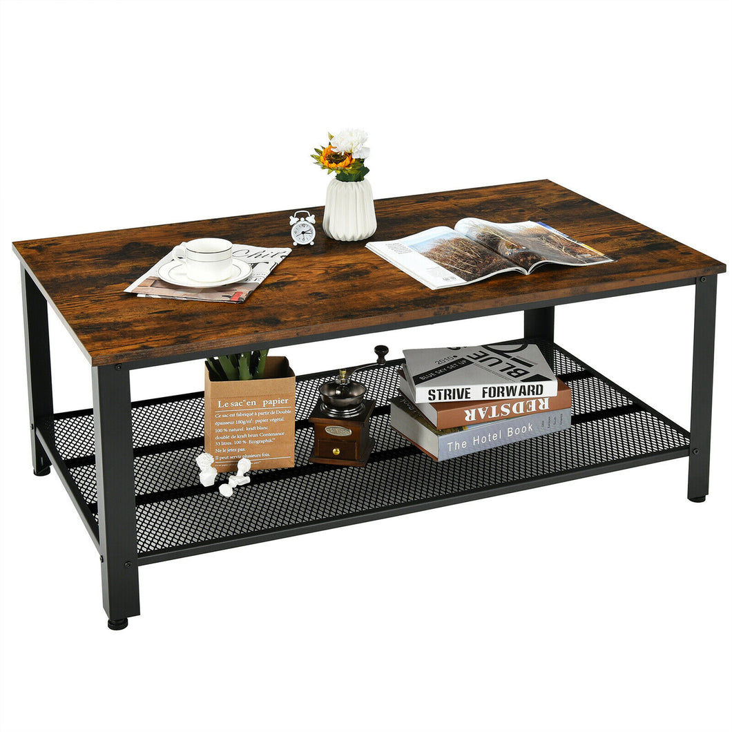 Gymax Coffee Table Console Table with Storage Shelf and Metal Frame Wood Look Brown