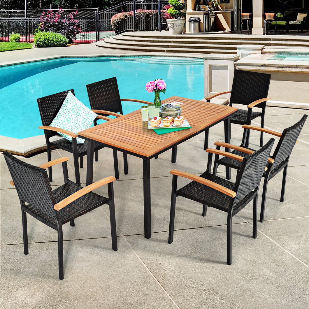 Gymax 7PCS Rattan Outdoor Dining Set Patio Furniture Set w/ Wooden Tabletop