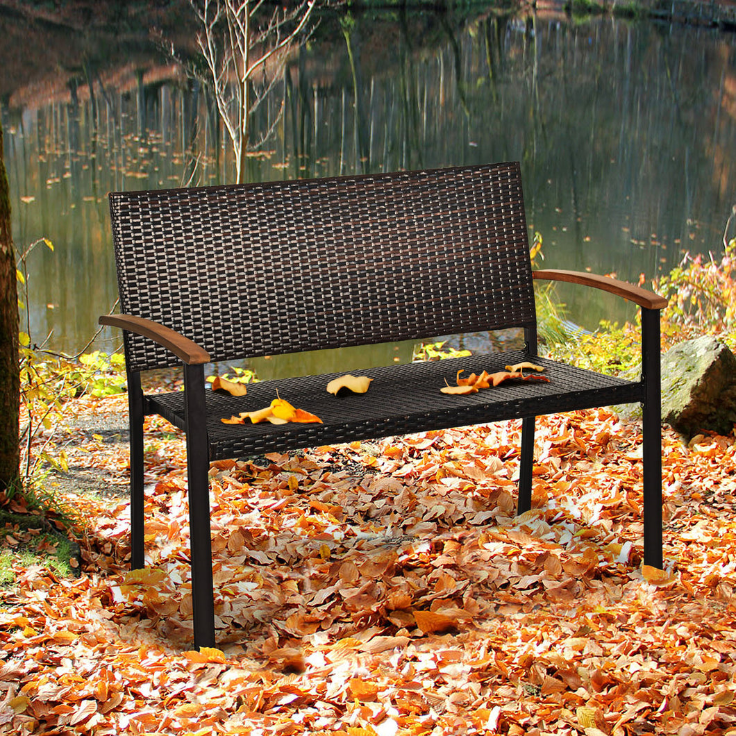 Gymax Patio Wicker Bench All Weather Rattan Chair Loveseat w/ Acacia Armrest