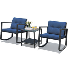 Load image into Gallery viewer, Gymax 3PCS Rattan Rocking Chair Table Set Patio Furniture Set w/ Navy Cushions
