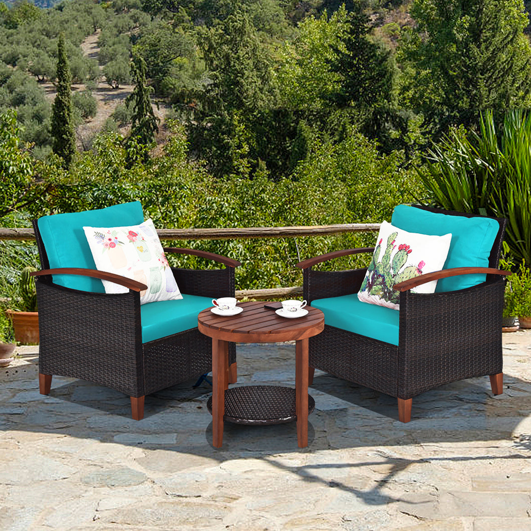 Gymax 3PCS Patio Wicker Rattan Conversation Set Outdoor Furniture Set w/ Turquoise Cushion