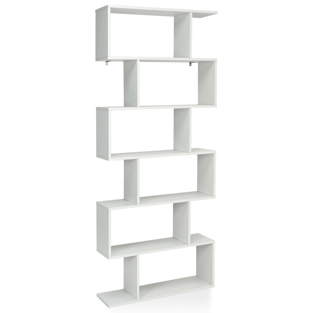 Gymax 6 Tier S-Shaped Bookshelf Storage Display Bookcase Decor Z-Shelf White