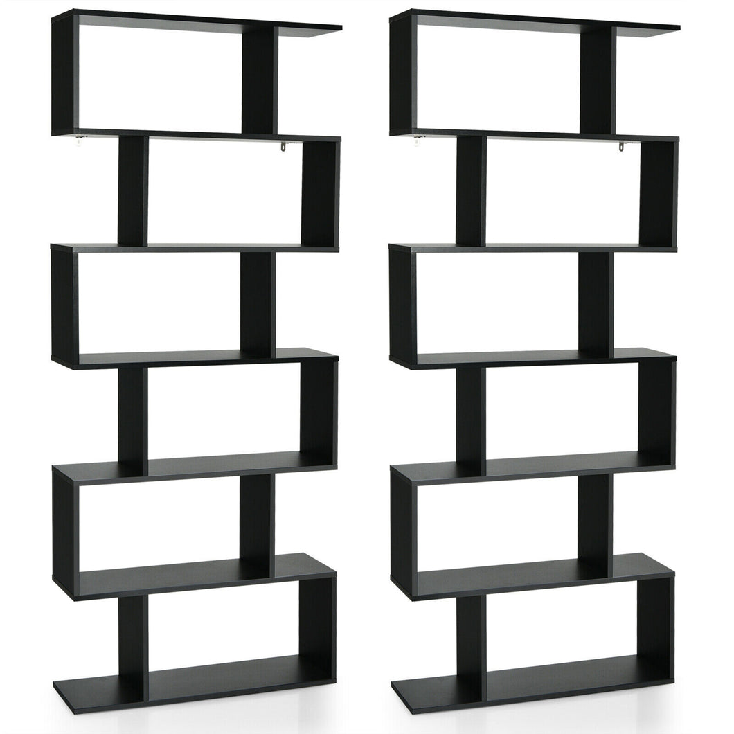Gymax 2 PCS 6 Tier S-Shaped Bookshelf Storage Display Bookcase Z-Shelf