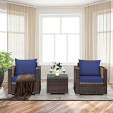 Load image into Gallery viewer, Gymax 3PCS Rattan Patio Outdoor Conversation Furniture Set w/ Navy Cushions
