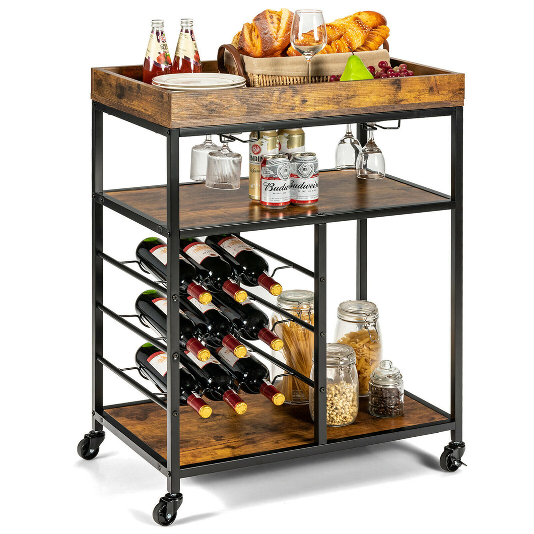 Gymax 3-Tier Rolling Kitchen Serving Cart Utility Trolley w/ Wine Bottle Rack