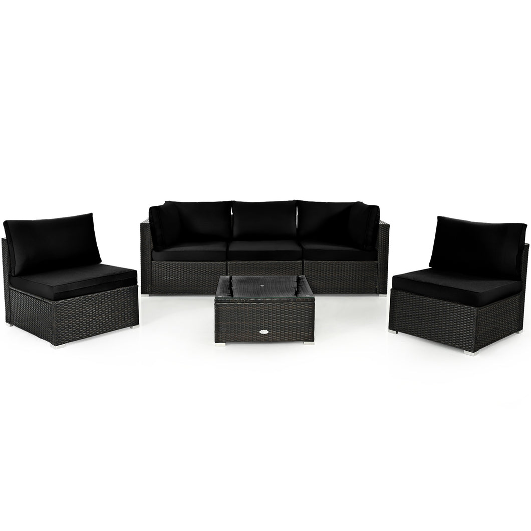 Gymax 6PCS Rattan Outdoor Sectional Sofa Set Patio Furniture Set w/ Black Cushions