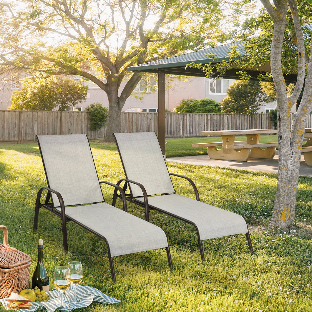 Gymax 2PCS Adjustable Chaise Lounge Chair Recliner Patio Yard Outdoor w/ Armrest Grey