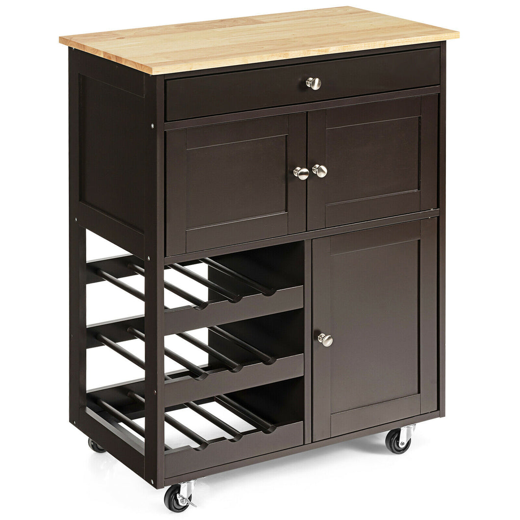 Gymax Rolling Kitchen Island Serving Cart Storage Cabinet w/ Wine Rack