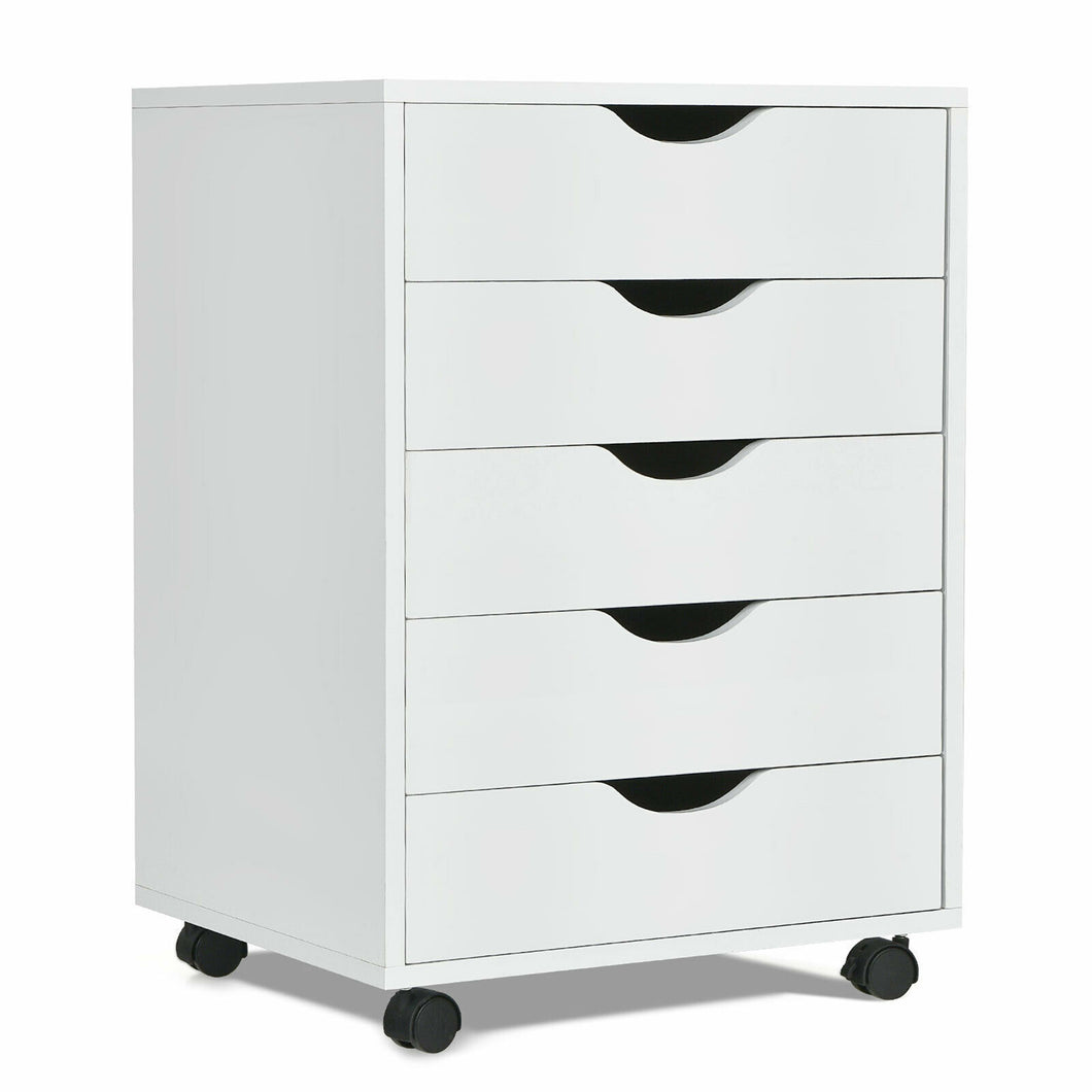 Gymax 5 Drawer Dresser Storage Cabinet Chest w/Wheels for Home Office White