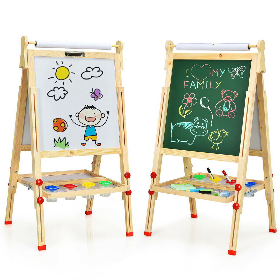 Gymax Kids Art Easel w/Paper Roll Double-Sided Adjustable Drawing Easel Board