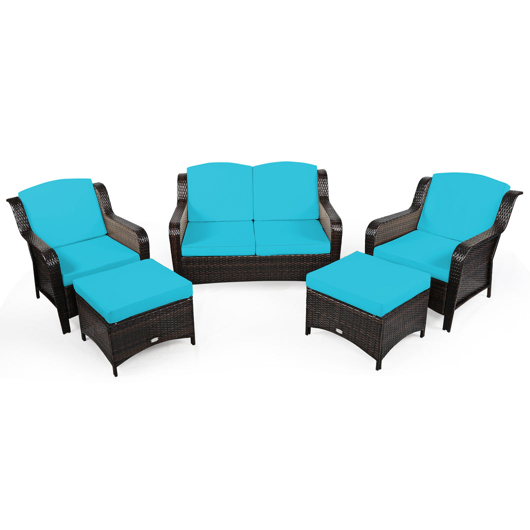 Gymax 5PCS Rattan Patio Conversation Sofa Furniture Set Outdoor w/ Turquoise Cushions