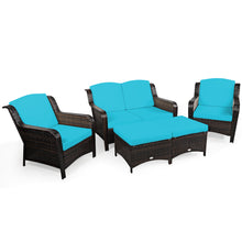 Load image into Gallery viewer, Gymax 5PCS Rattan Patio Conversation Sofa Furniture Set Outdoor w/ Turquoise Cushions

