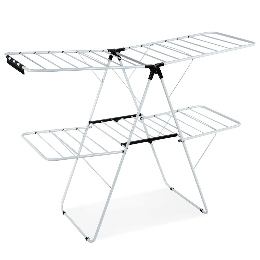 Gymax 2-Level Clothes Drying Rack Foldable Airer w/ Height-Adjustable Gullwing