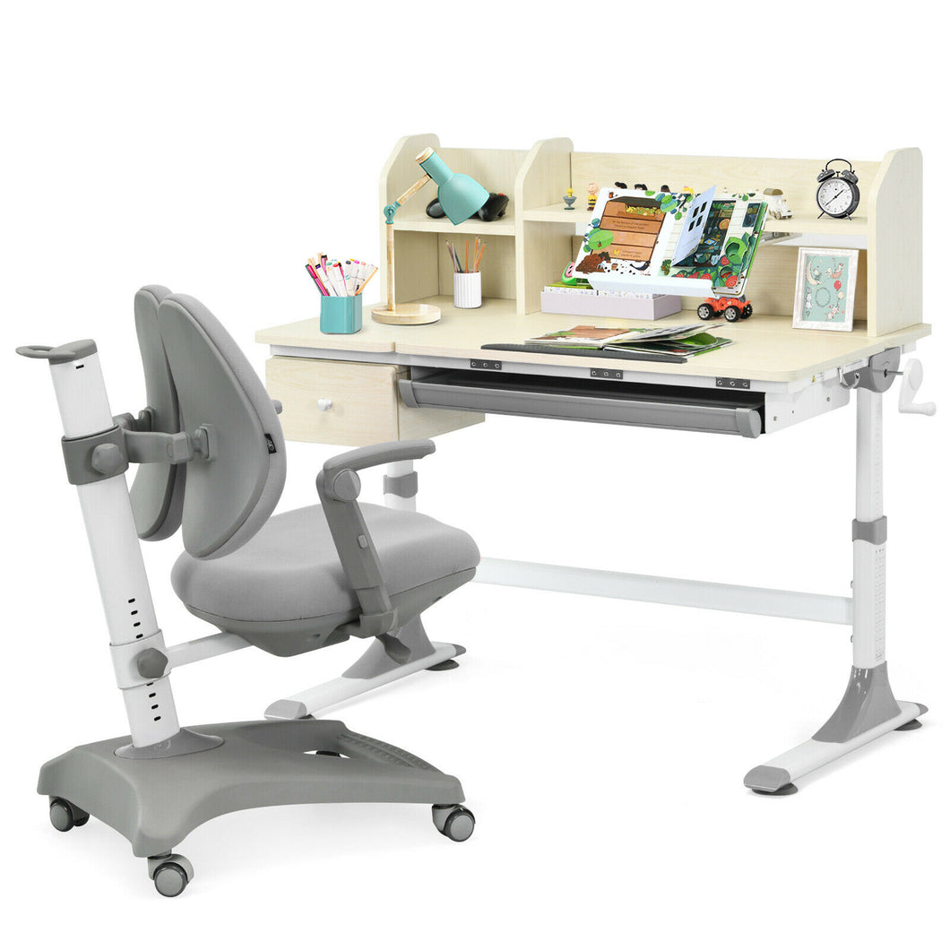 Gymax Kids Drafting Table Adjustable Height Study Desk & Chair w/Bookshelf Grey