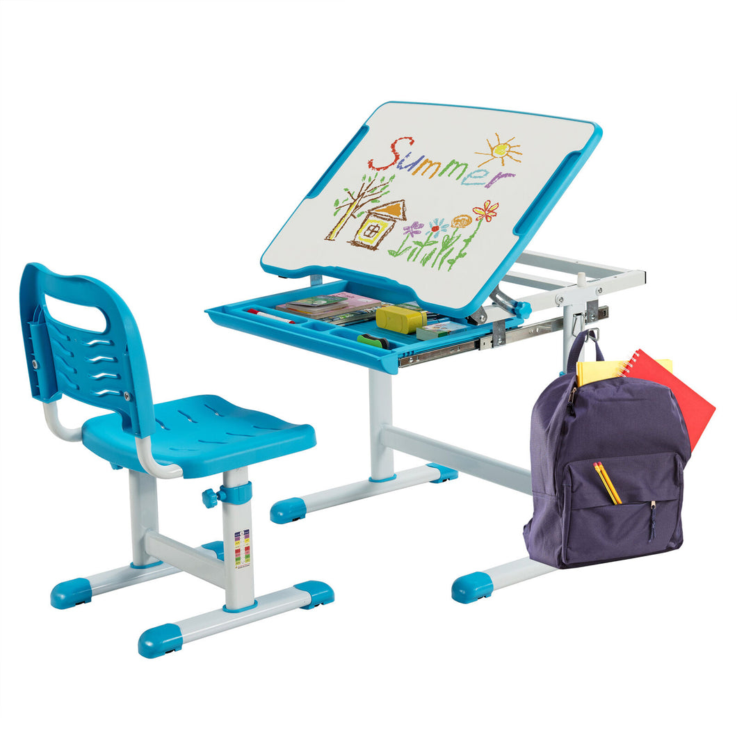 Gymax Kids Desk and Chair Set Height Adjustable w/Tilted Tabletop & Drawer