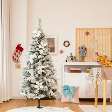 Load image into Gallery viewer, Gymax 5/6/7/8 FT Artificial Snow Flocked Pencil Christmas Tree w/ White Berries &amp; Flowers
