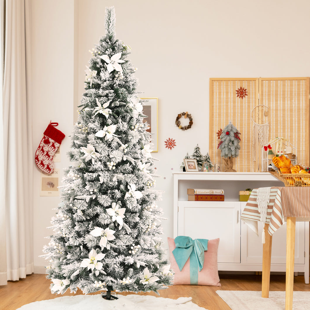 Gymax 7 FT Artificial Snow Flocked Pencil Christmas Tree w/ White Berries & Flowers