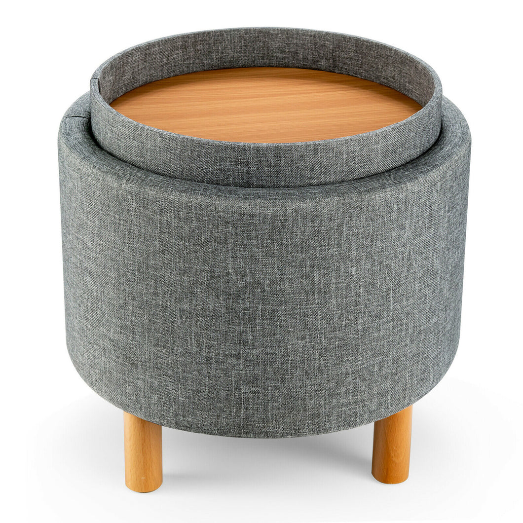 Gymax Round Storage Ottoman w/Tray Top Accent Padded Footrest w/Wood Legs