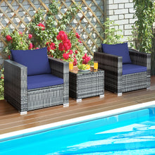 Load image into Gallery viewer, Gymax 3PCS Rattan Patio Conversation Furniture Set Outdoor Yard w/ Navy Cushion
