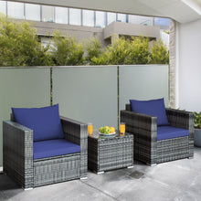 Load image into Gallery viewer, Gymax 3PCS Rattan Patio Conversation Furniture Set Outdoor Yard w/ Navy Cushion
