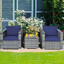 Load image into Gallery viewer, Gymax 3PCS Rattan Patio Conversation Furniture Set Outdoor Yard w/ Navy Cushion
