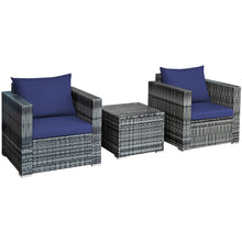 Load image into Gallery viewer, Gymax 3PCS Rattan Patio Conversation Furniture Set Outdoor Yard w/ Navy Cushion

