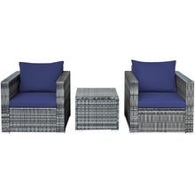 Load image into Gallery viewer, Gymax 3PCS Rattan Patio Conversation Furniture Set Outdoor Yard w/ Navy Cushion
