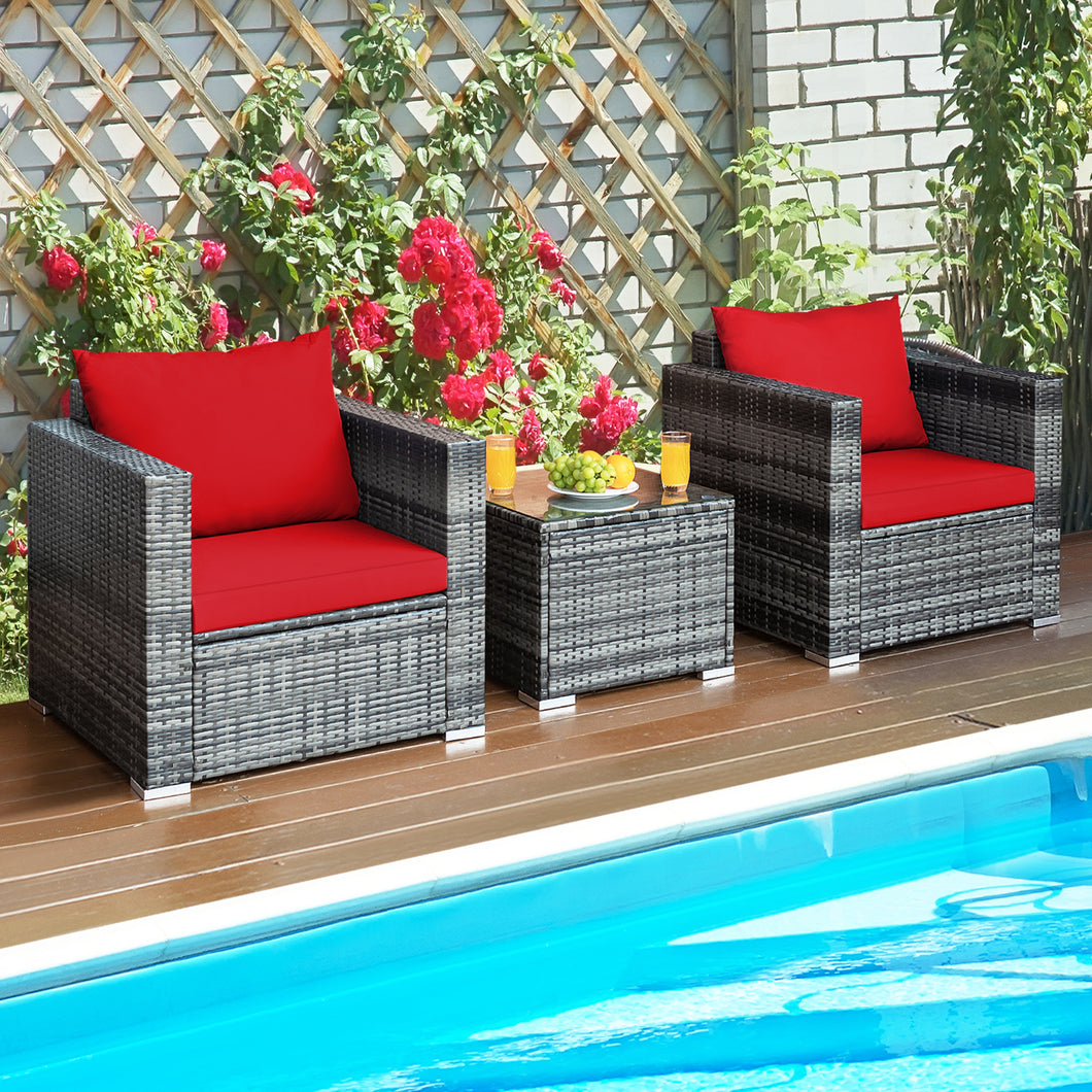 Gymax 3PCS Rattan Patio Conversation Furniture Set Outdoor Yard w/ Red Cushion