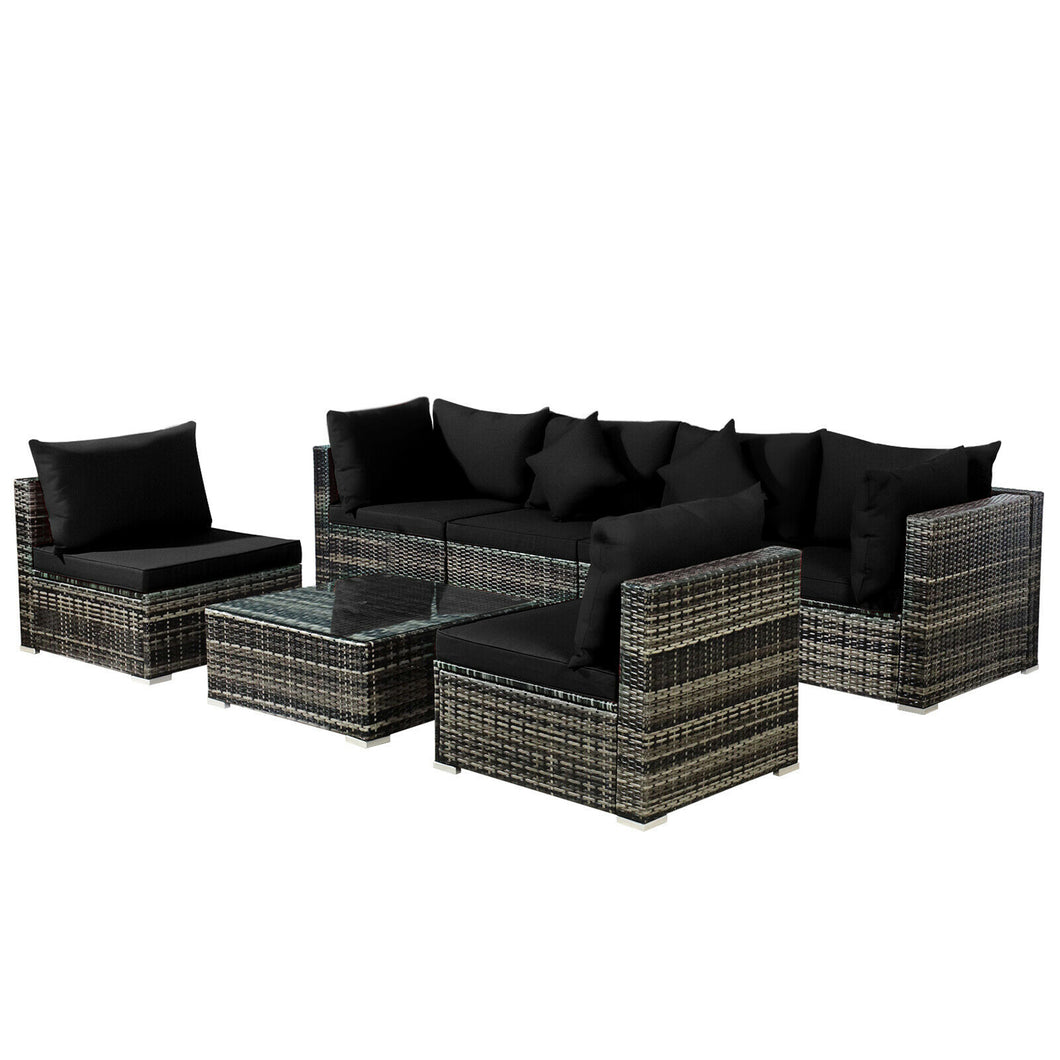 Gymax 7PCS PE Rattan Patio Sectional Sofa Conversation Set w/ Black Cushions