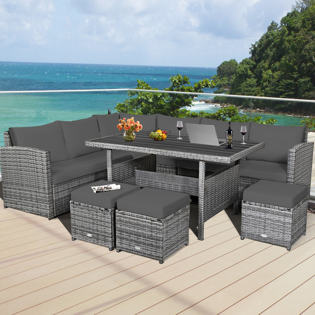 Gymax 7PCS Rattan Patio Sectional Sofa Set Conversation Set w/ Grey Cushions