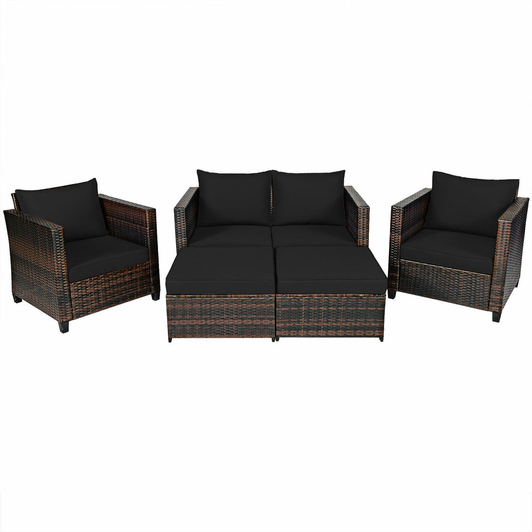 Gymax 5PCS Outdoor Patio Rattan Conversation Sofa Furniture Set w/ Black Cushions