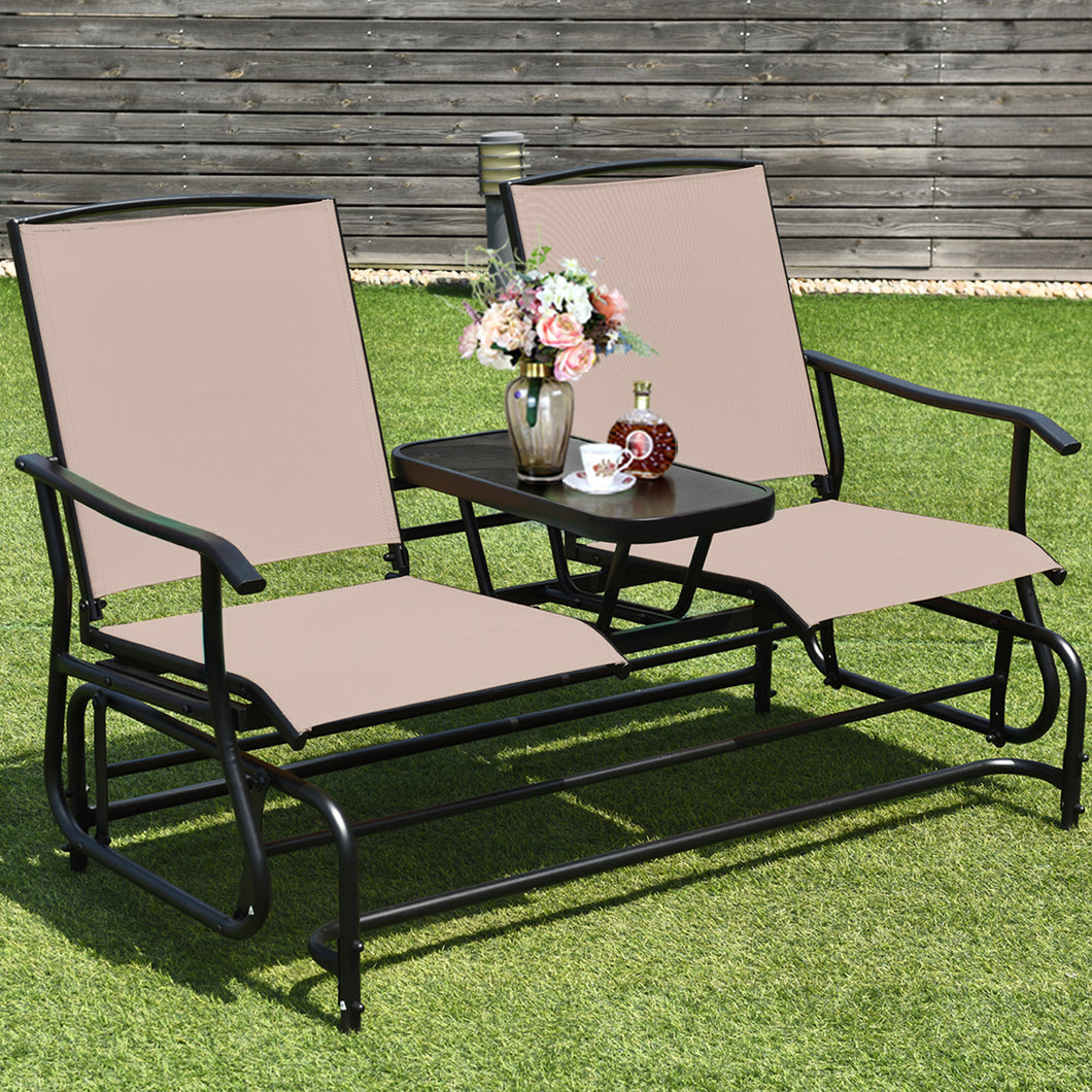 Gymax Patio 2-Person Glider Rocking Char Loveseat Garden w/ Tempered Glass Table Brown