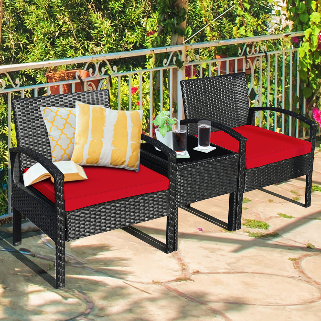 Gymax 3PCS Patio Rattan Conversation Furniture Set Outdoor Yard w/ Red Cushions
