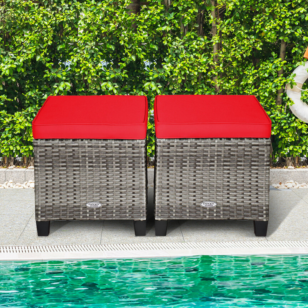 Gymax Set of 2 Rattan Patio Ottoman Footrest Wicker Footstool w/ Red Cushions