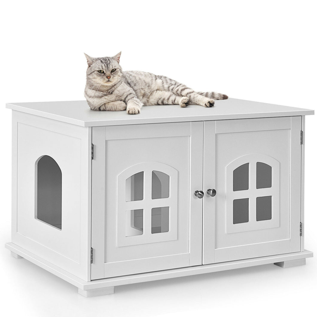 Gymax Large Wooden Cat Litter Box Enclosure Hidden Cat Washroom w/ Divider