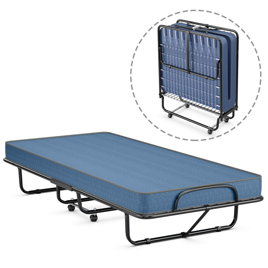 Gymax Folding Bed with Mattress Portable Rollaway Guest Cot Memory Foam Navy