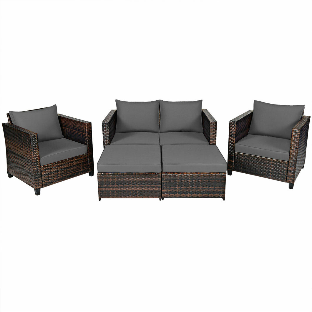 Gymax 5PCS Outdoor Patio Rattan Conversation Sofa Furniture Set w/ Grey Cushions