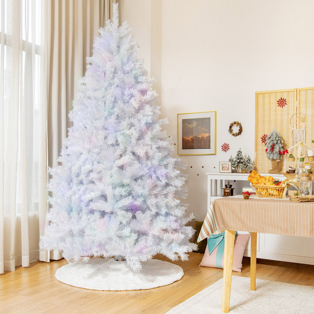 Gymax 6/7/8 FT White Artificial Christmas Tree Hinged Unlit Iridescent Xmas Tree