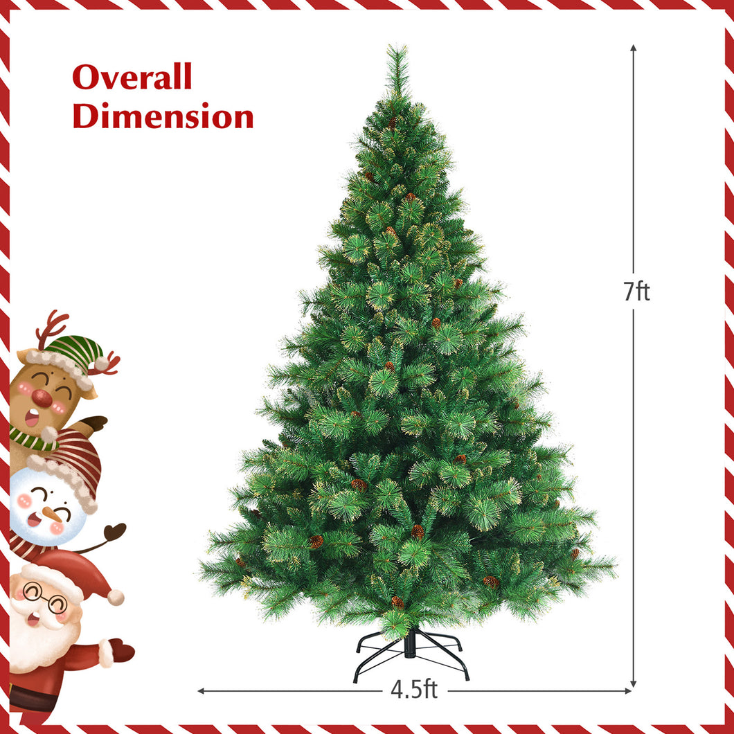 Gymax 7 FT Pre-Lit Artificial Christmas Tree Lush Hinged Xmas Tree w/ LED Lights